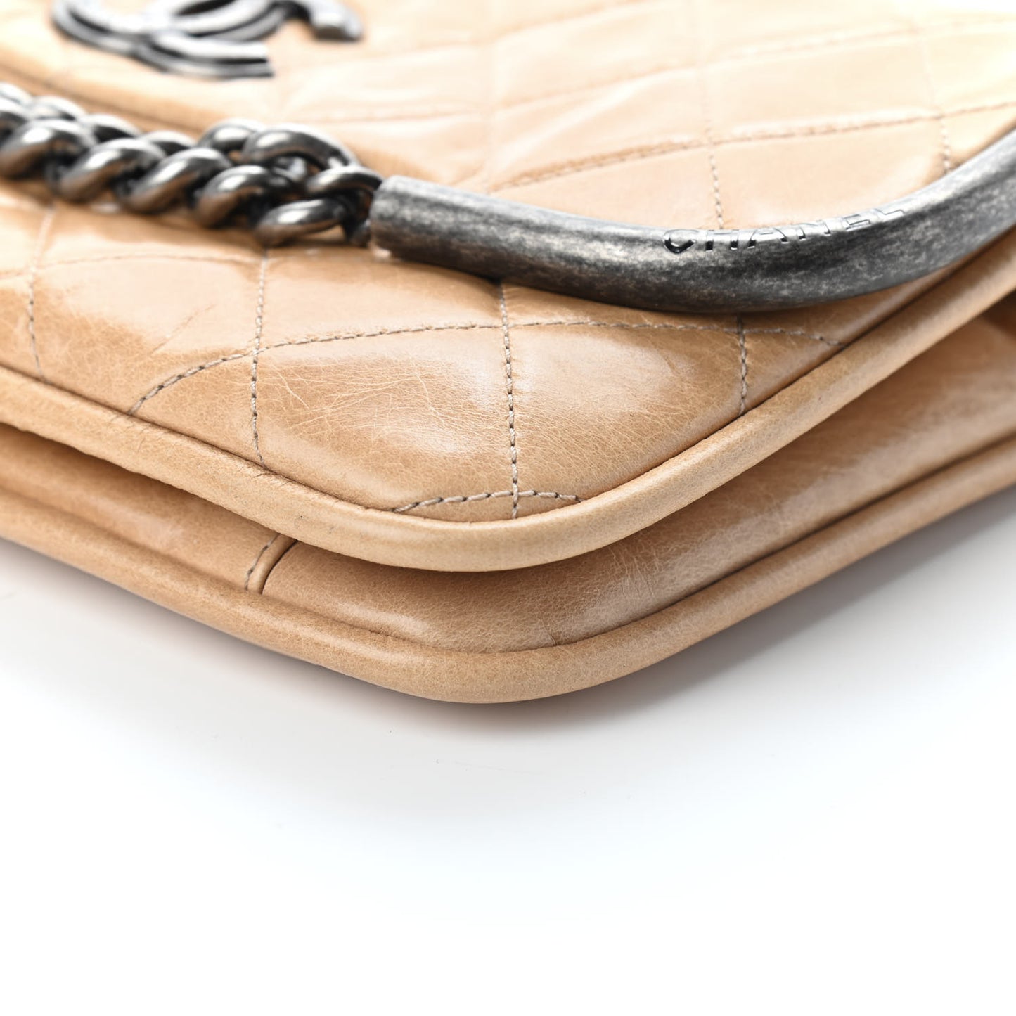 Glazed Calfskin Quilted Flap Beige