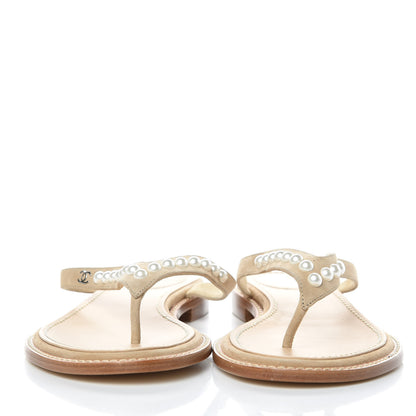 Chanel Suede Pearl Thong Sandals 39 Beige 3 of 8