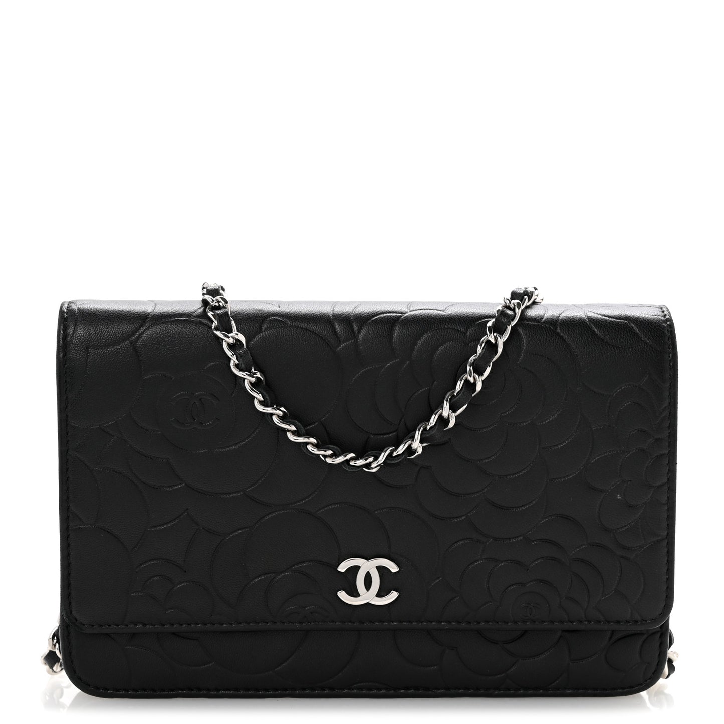 Lambskin Camellia Embossed Wallet On Chain WOC Black
