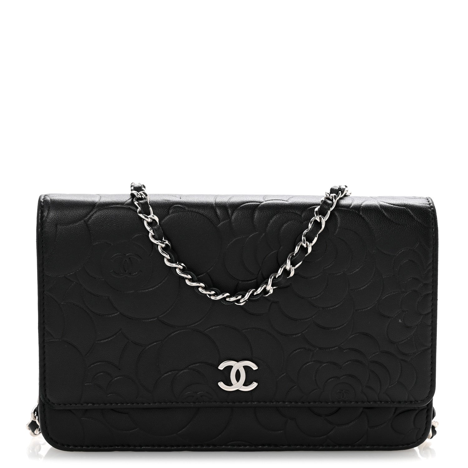 Chanel Lambskin Camellia Embossed Wallet On Chain WOC Black 1 of 15