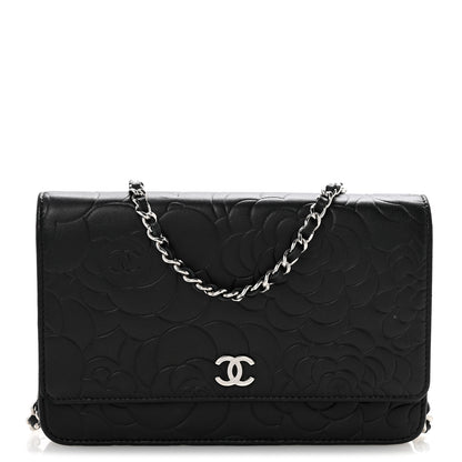 Chanel Lambskin Camellia Embossed Wallet On Chain WOC Black 1 of 15