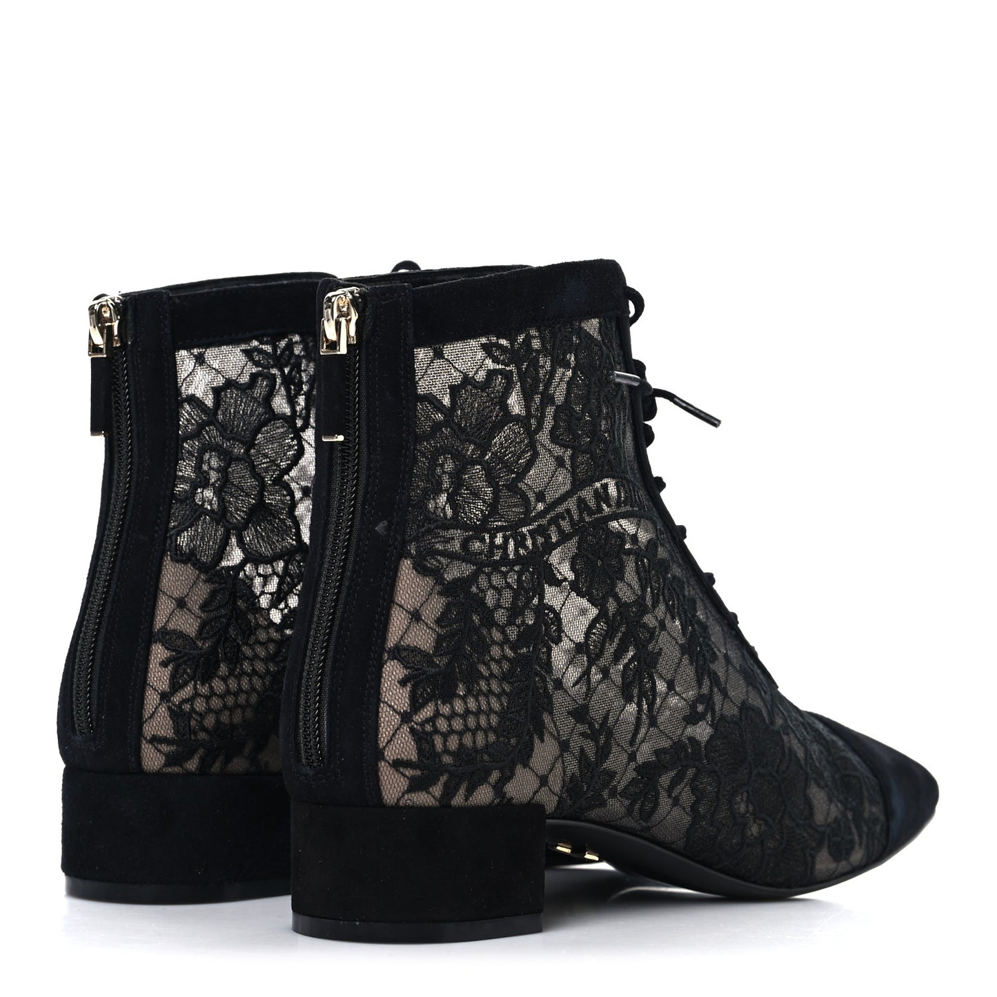 Suede Transparent Mesh Embroidered Roses Naughtily-D Heeled Lace Up Ankle Boots 39.5 Black