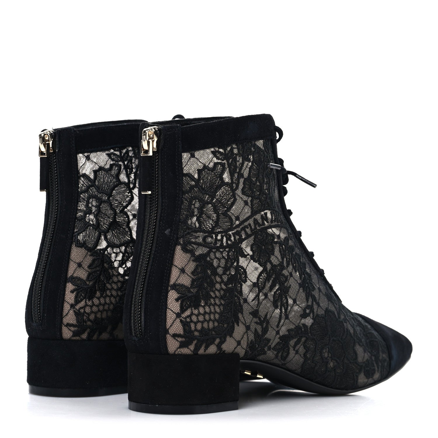 Christian Dior Suede Transparent Mesh Embroidered Roses Naughtily-D Heeled Lace Up Ankle Boots 39.5 Black 5 of 10
