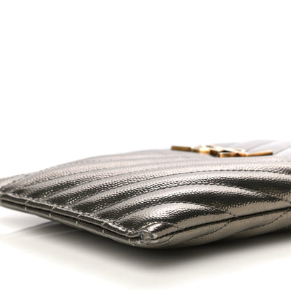 Saint Laurent Metallic Grain De Poudre Matelasse Chevron Monogram Bill Pouch Piombo 11 of 17