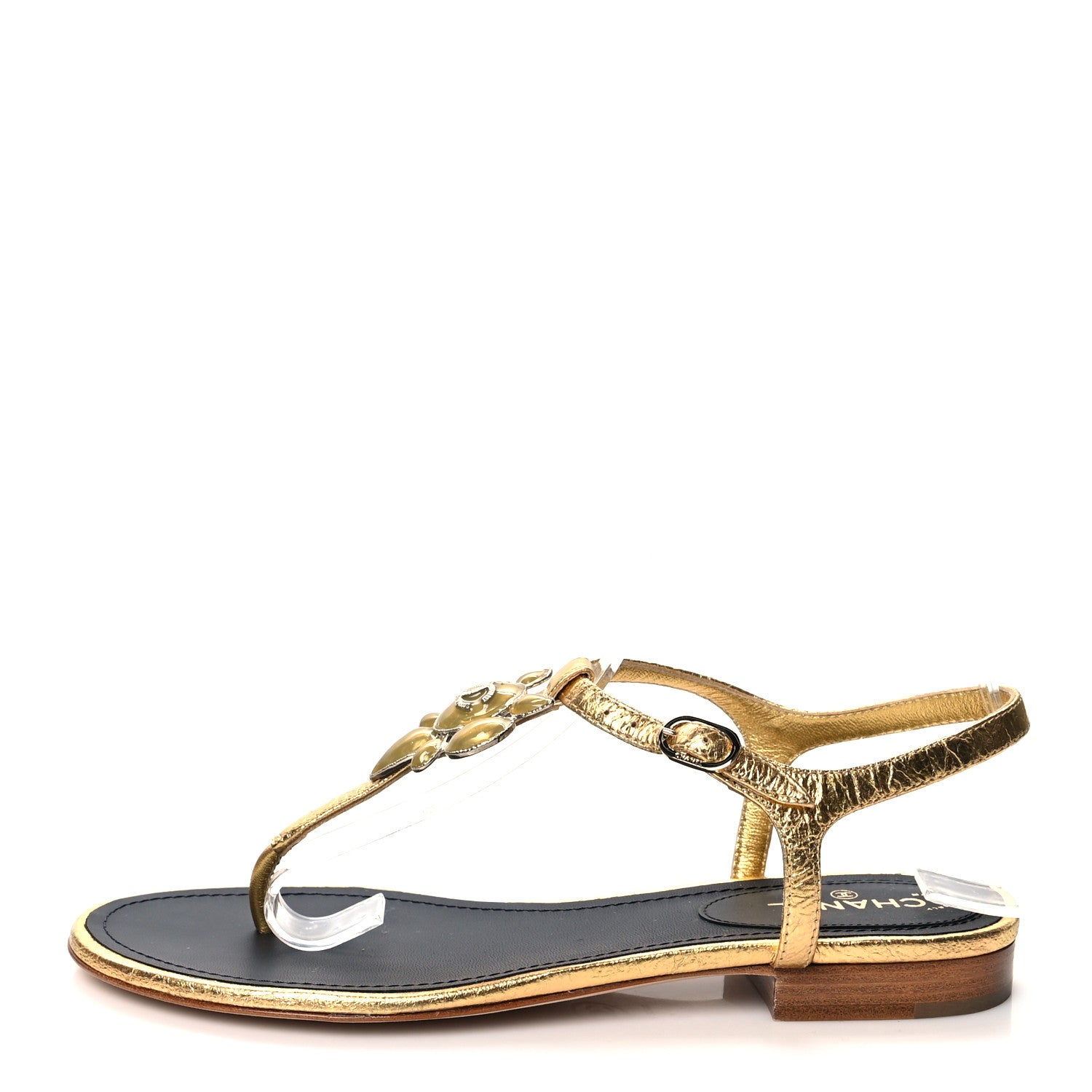 Chanel Metallic Calfskin Enamel Camellia Thong Sandals 36.5 Gold 1 of 7