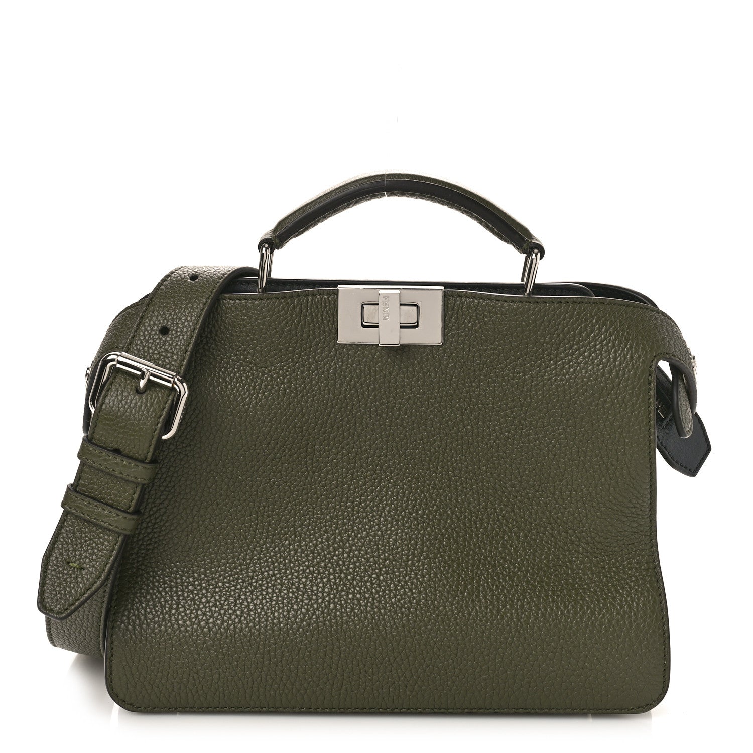 Fendi Cuoio Romano Vitello Cover Glazed Fabric Bi-Color FF 1974 Mini Peekaboo I SEE U Satchel Oliva 1 of 8