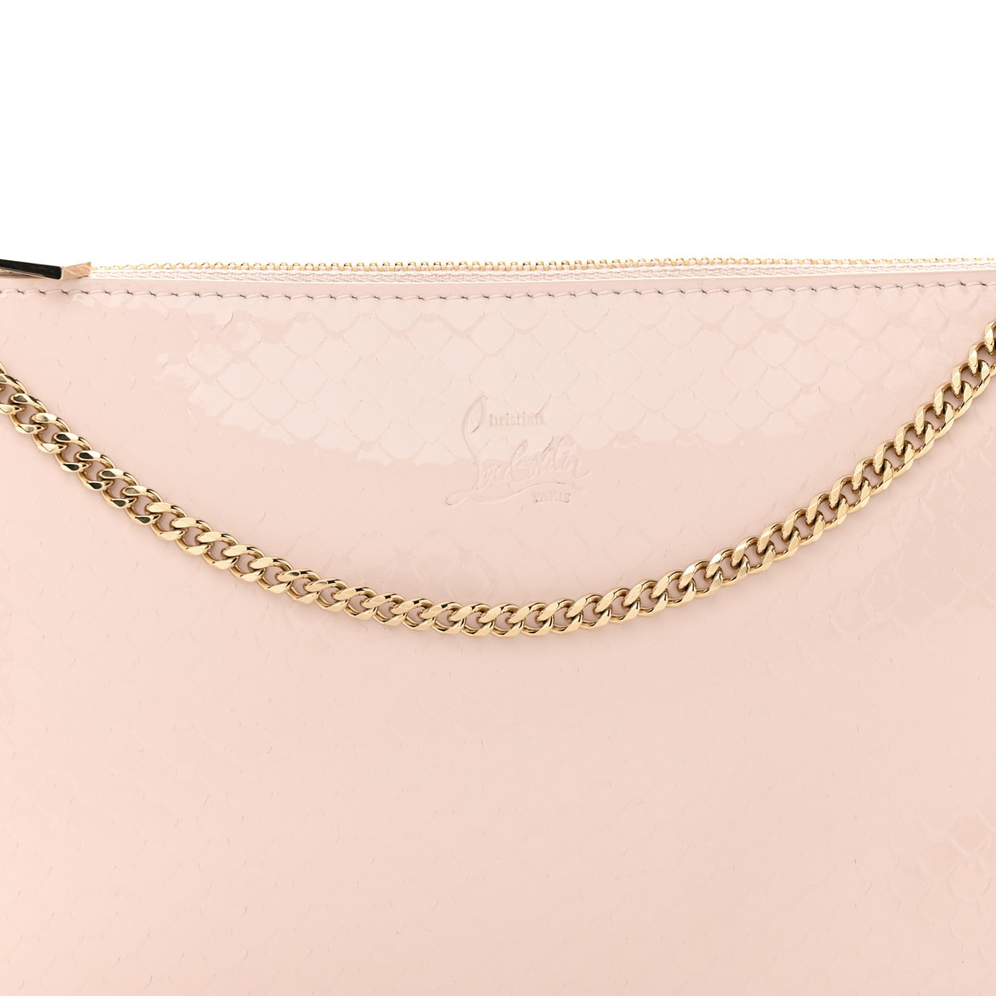 Patent Calfskin Snake Effect Loubila Chain Clutch Light Pink