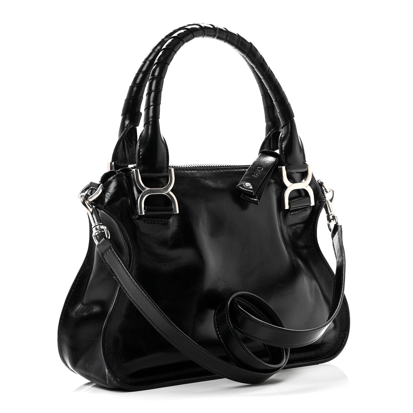 Natural Shiny Calfskin Small Marcie Satchel Black