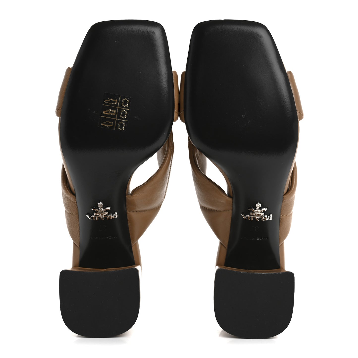 Nappa Logo Quilted Crisscross 65mm Block Heel Slide Sandals 37 Brown