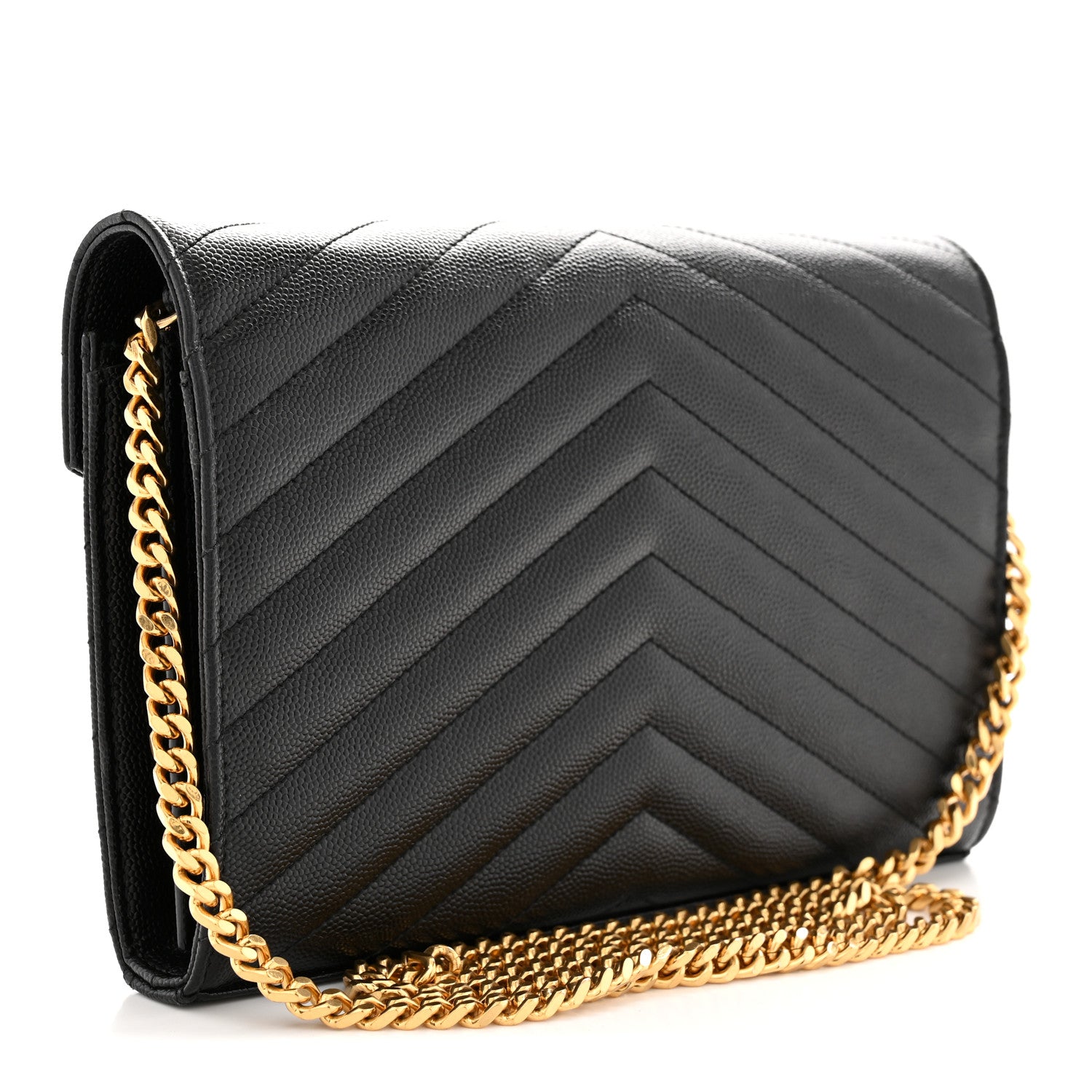 Saint Laurent Grain De Poudre Matelasse Chevron Monogram Chain Wallet Black 2 of 12