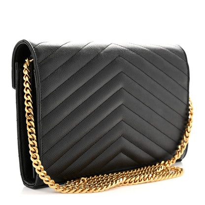 Saint Laurent Grain De Poudre Matelasse Chevron Monogram Chain Wallet Black 2 of 12