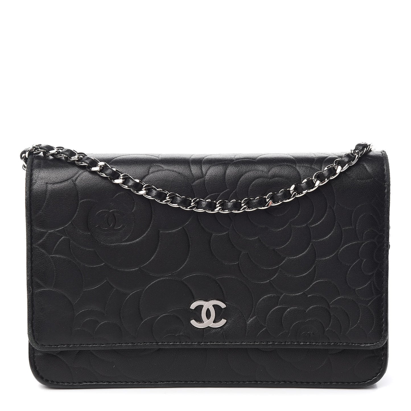 Lambskin Camellia Embossed Wallet on Chain WOC Black
