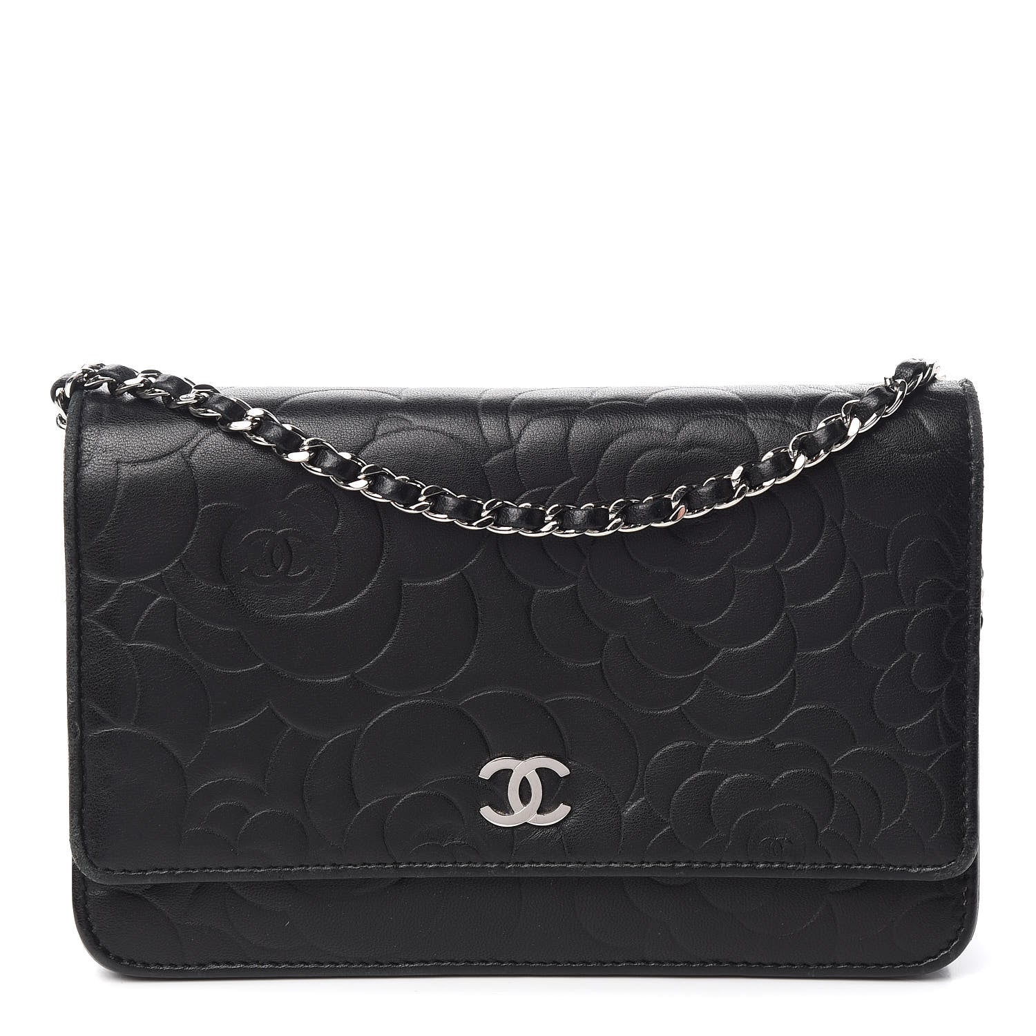 Chanel Lambskin Camellia Embossed Wallet on Chain WOC Black 1 of 11