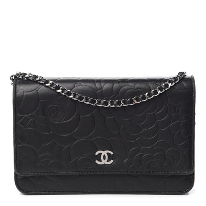 Chanel Lambskin Camellia Embossed Wallet on Chain WOC Black 1 of 11