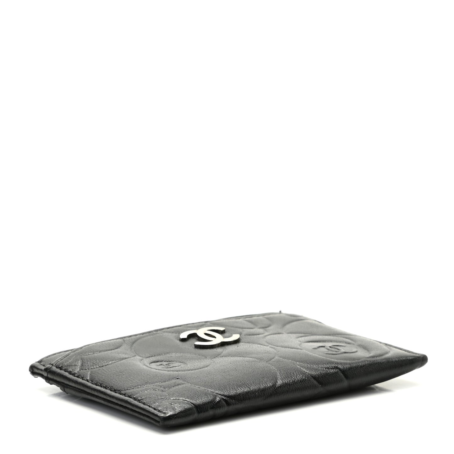 Lambskin Camellia Stitched Card Holder Black