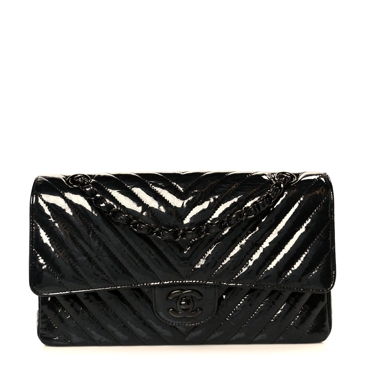 Metallic Patent Crumpled Calfskin Chevron Quilted Medium Double Flap So Black