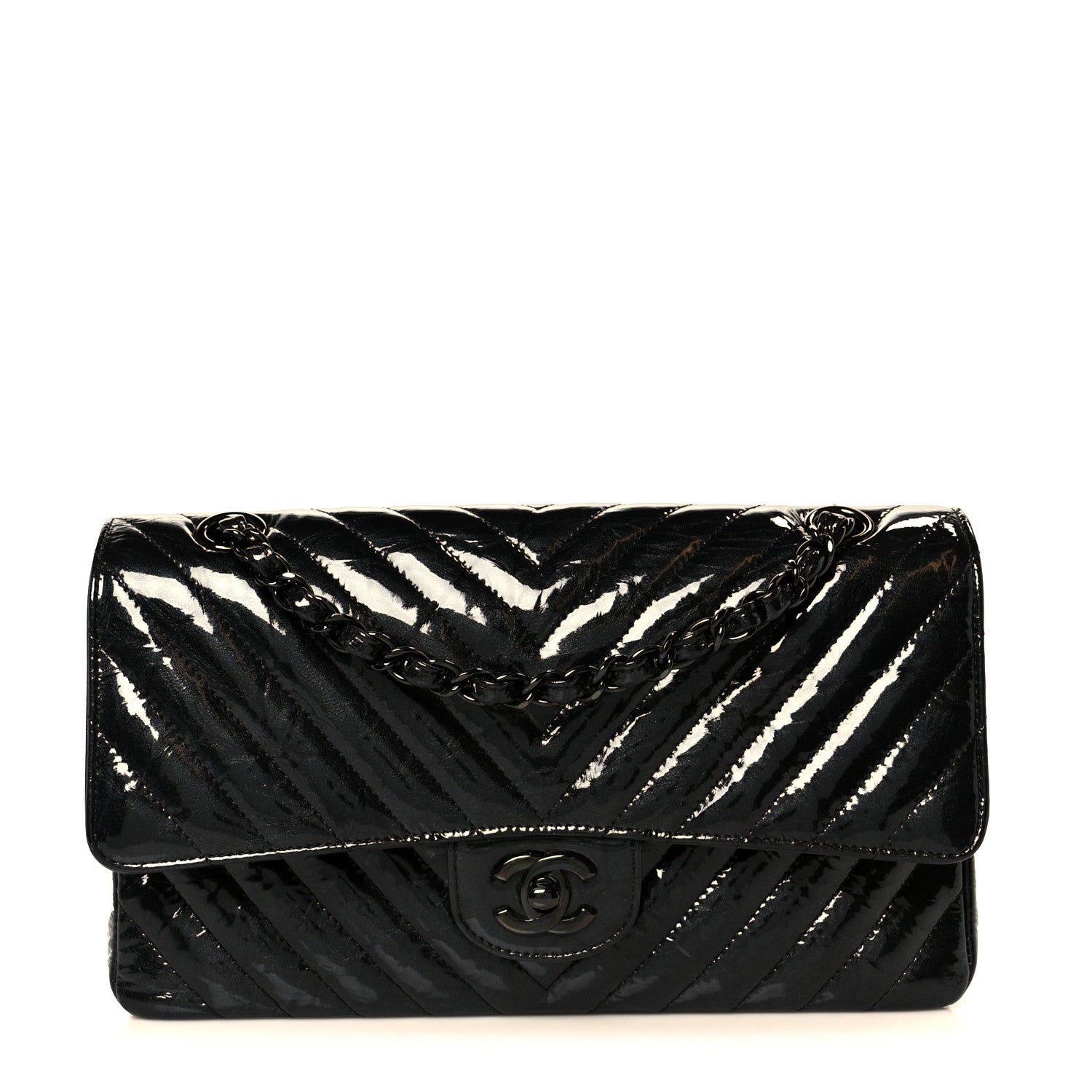 Chanel Metallic Patent Crumpled Calfskin Chevron Quilted Medium Double Flap So Black 1 of 11