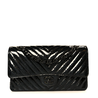 Chanel Metallic Patent Crumpled Calfskin Chevron Quilted Medium Double Flap So Black 1 of 11