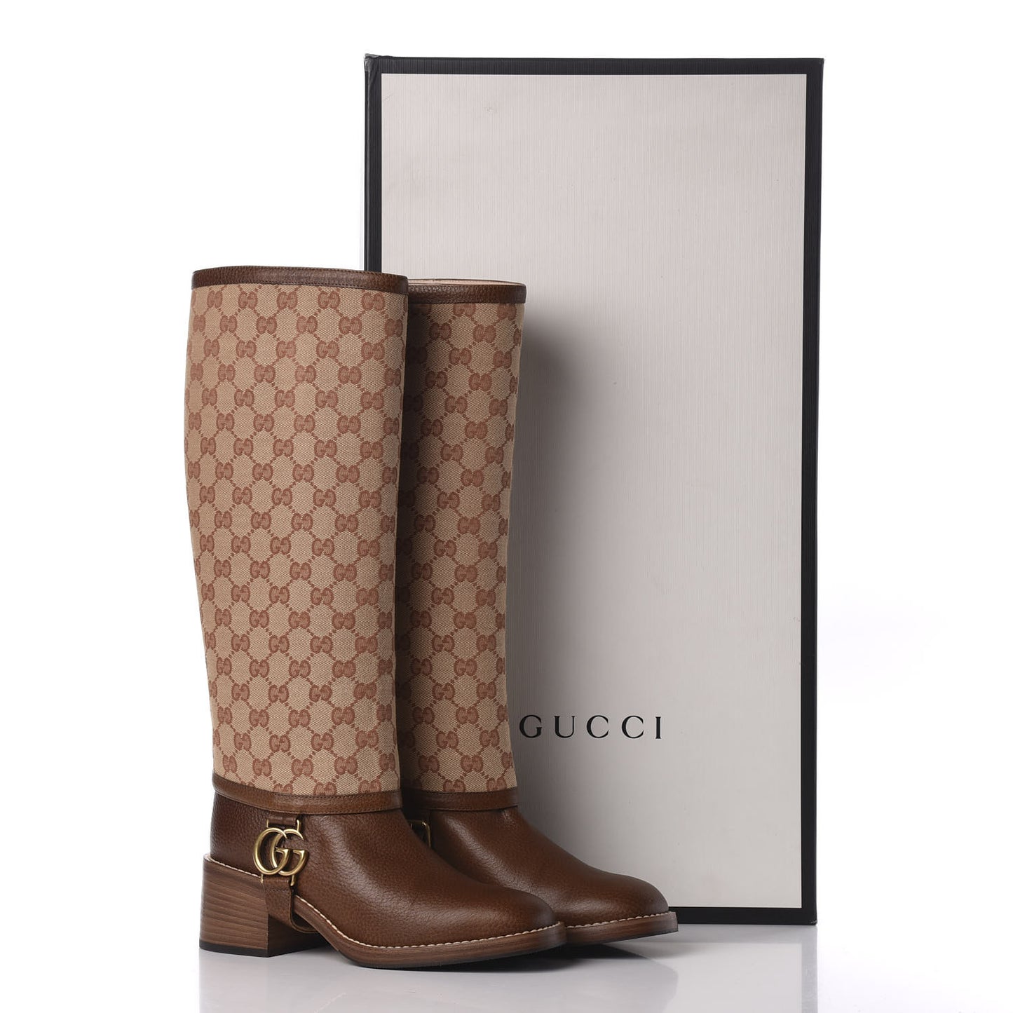 GG Monogram Calfskin Lola Tall Boots 37.5 Beige Ruggine Cuir