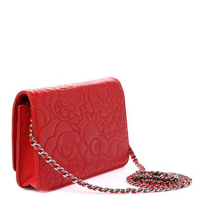 Chanel Lambskin Camellia Embossed Wallet on Chain WOC Red 2 of 10