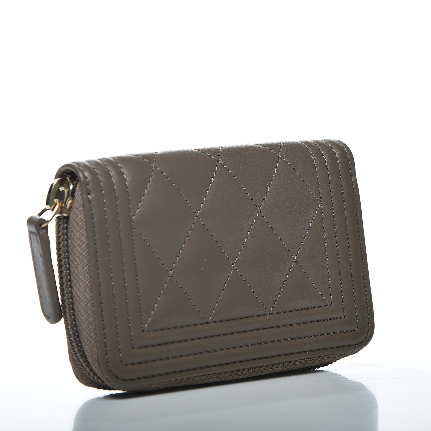 Lambskin Quilted Boy Zip Around Coin Purse Wallet Khaki