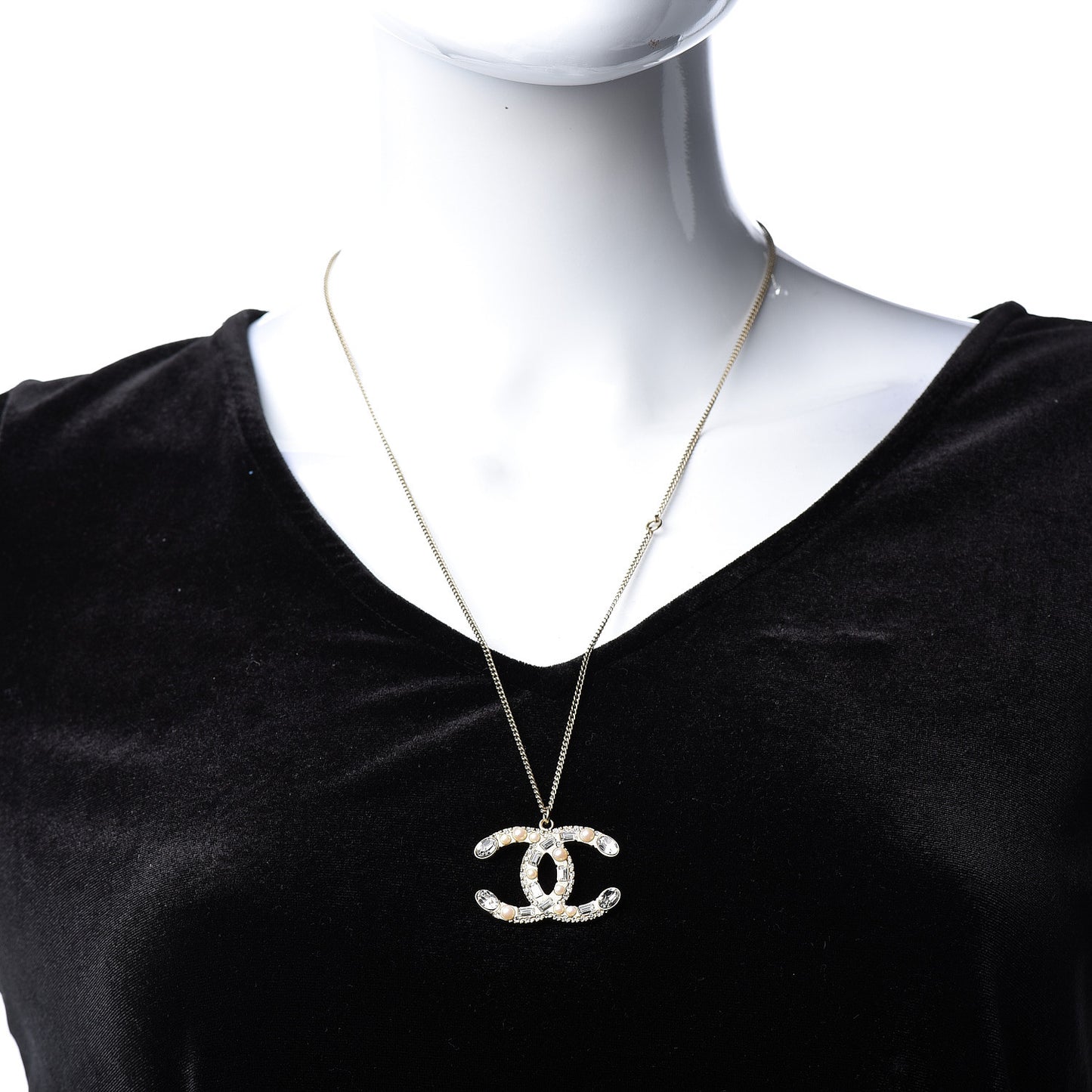Pearl Crystal Baguette CC Pendant Necklace Gold