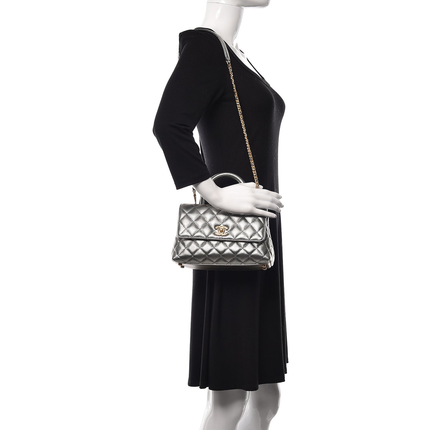 Metallic Caviar Quilted Mini Coco Handle Flap Silver