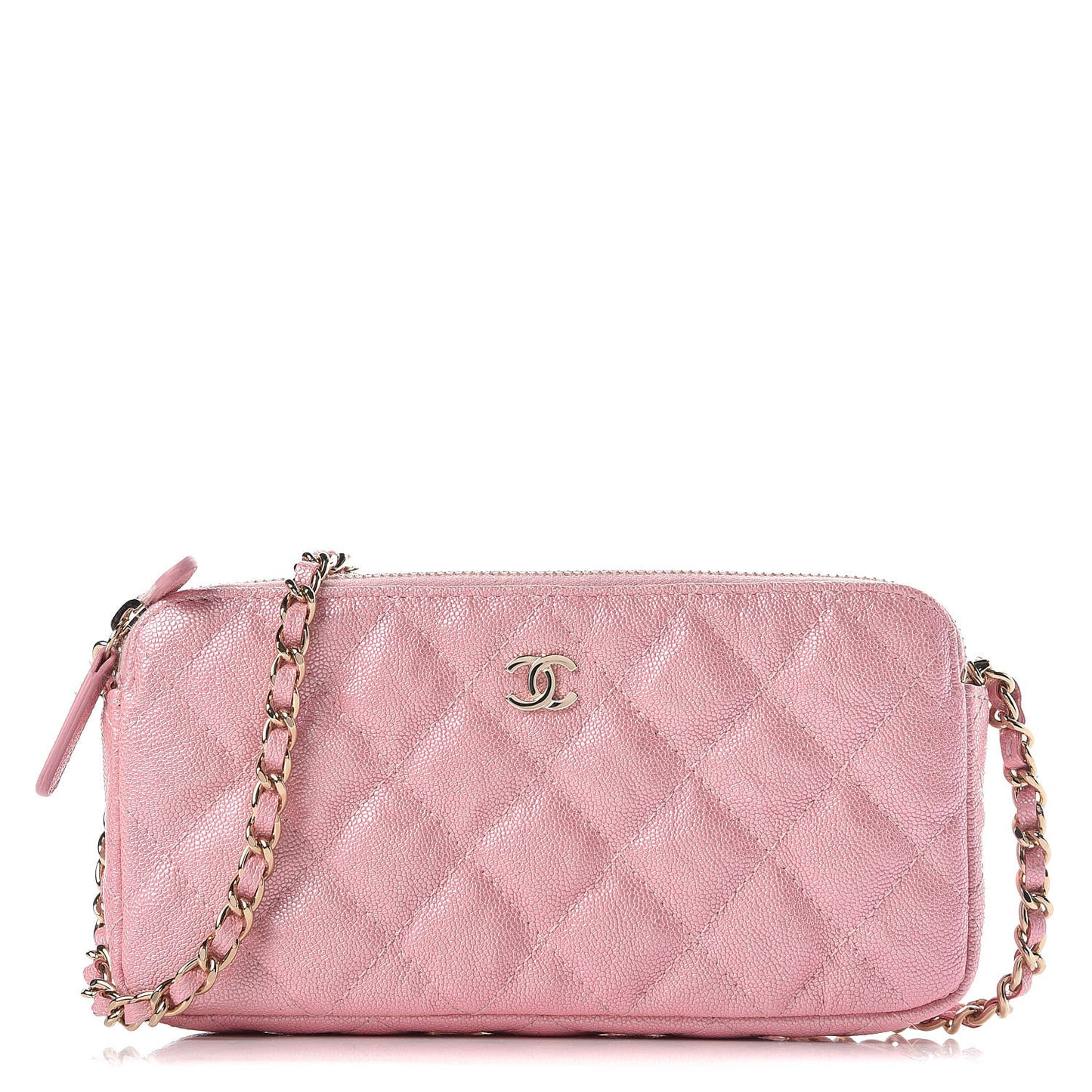 Iridescent Caviar Quilted Clutch With Chain Rose