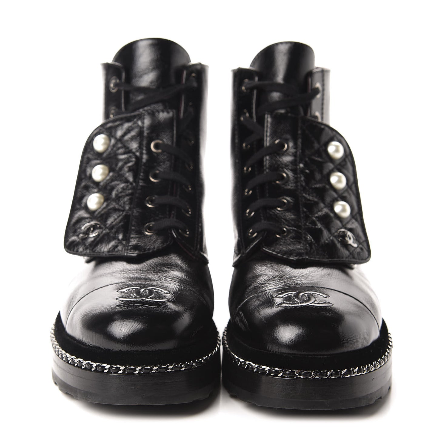 Crackled Calfskin Velvet Pearl Combat Short Boots 38.5 Black