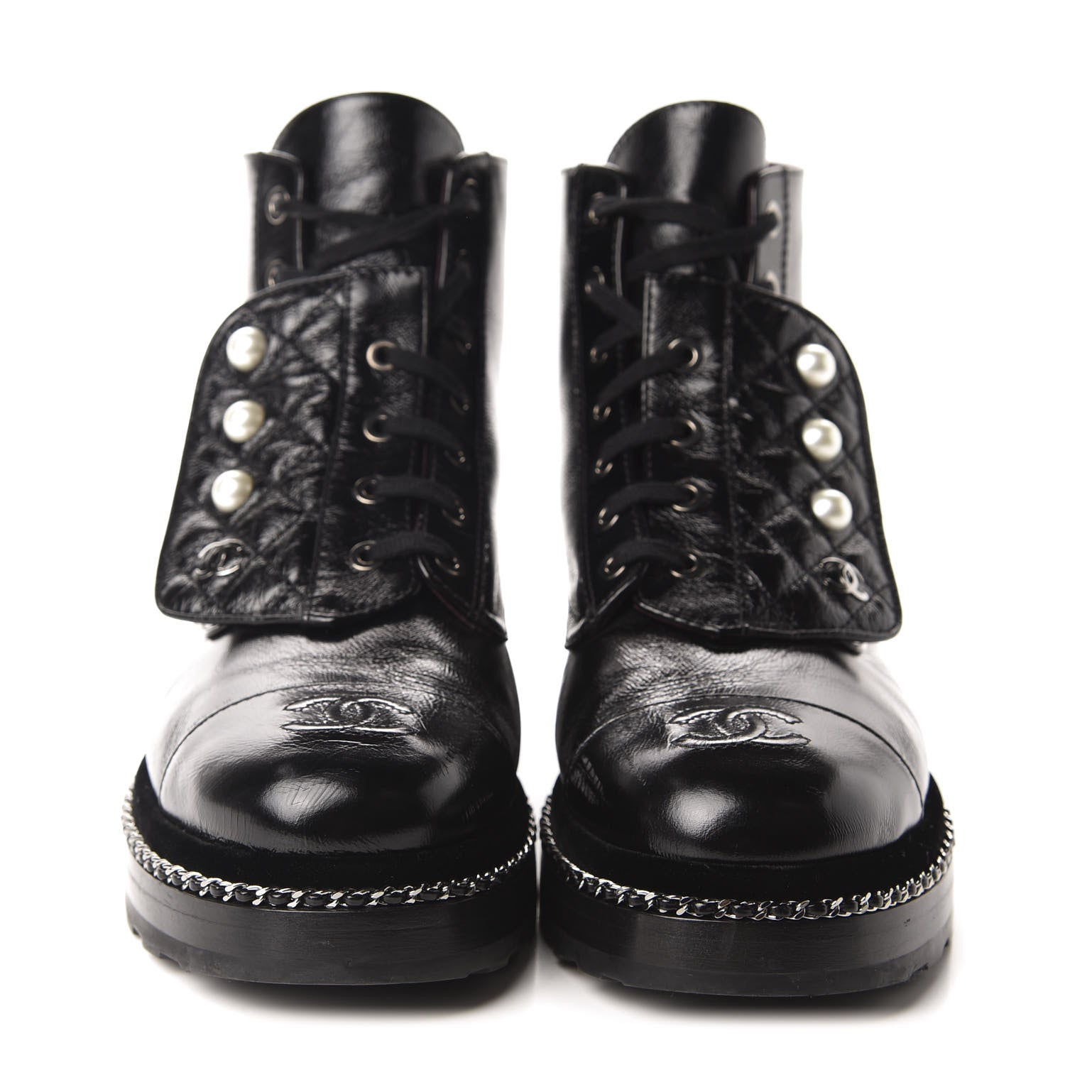 Chanel Crackled Calfskin Velvet Pearl Combat Short Boots 38.5 Black 2 of 9