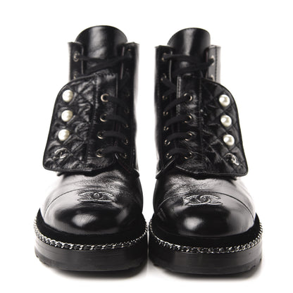 Chanel Crackled Calfskin Velvet Pearl Combat Short Boots 38.5 Black 2 of 9