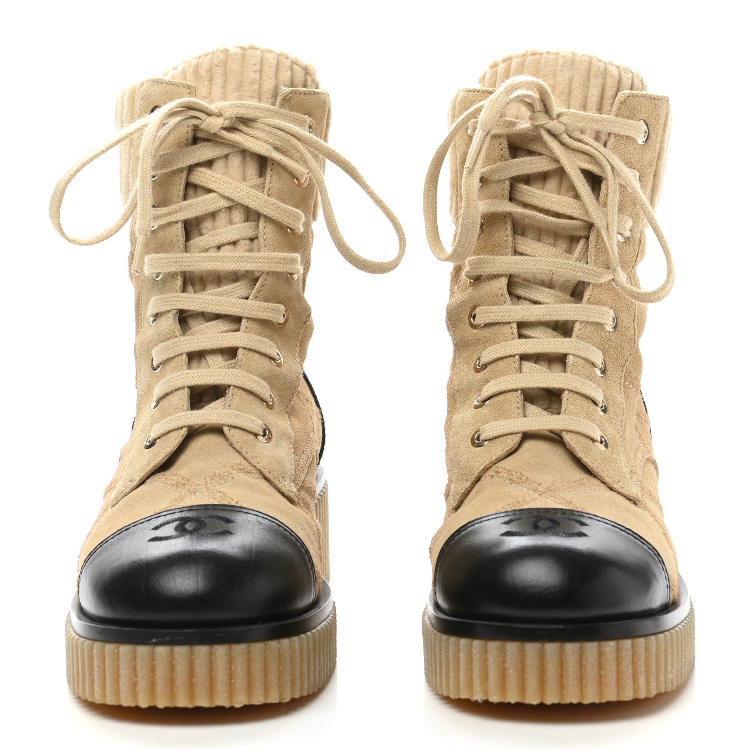 Chanel Suede Calfskin Velvet Quilted CC Combat Boots 38 Beige Black 2 of 8