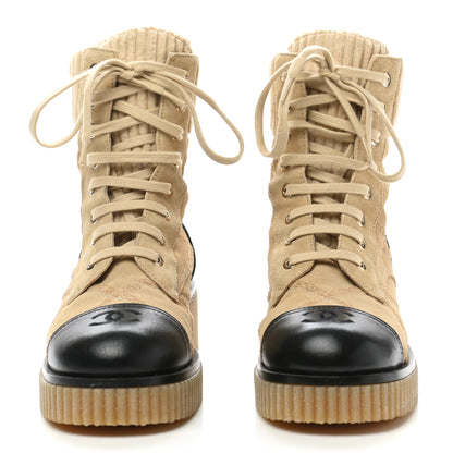 Chanel Suede Calfskin Velvet Quilted CC Combat Boots 38 Beige Black 2 of 8