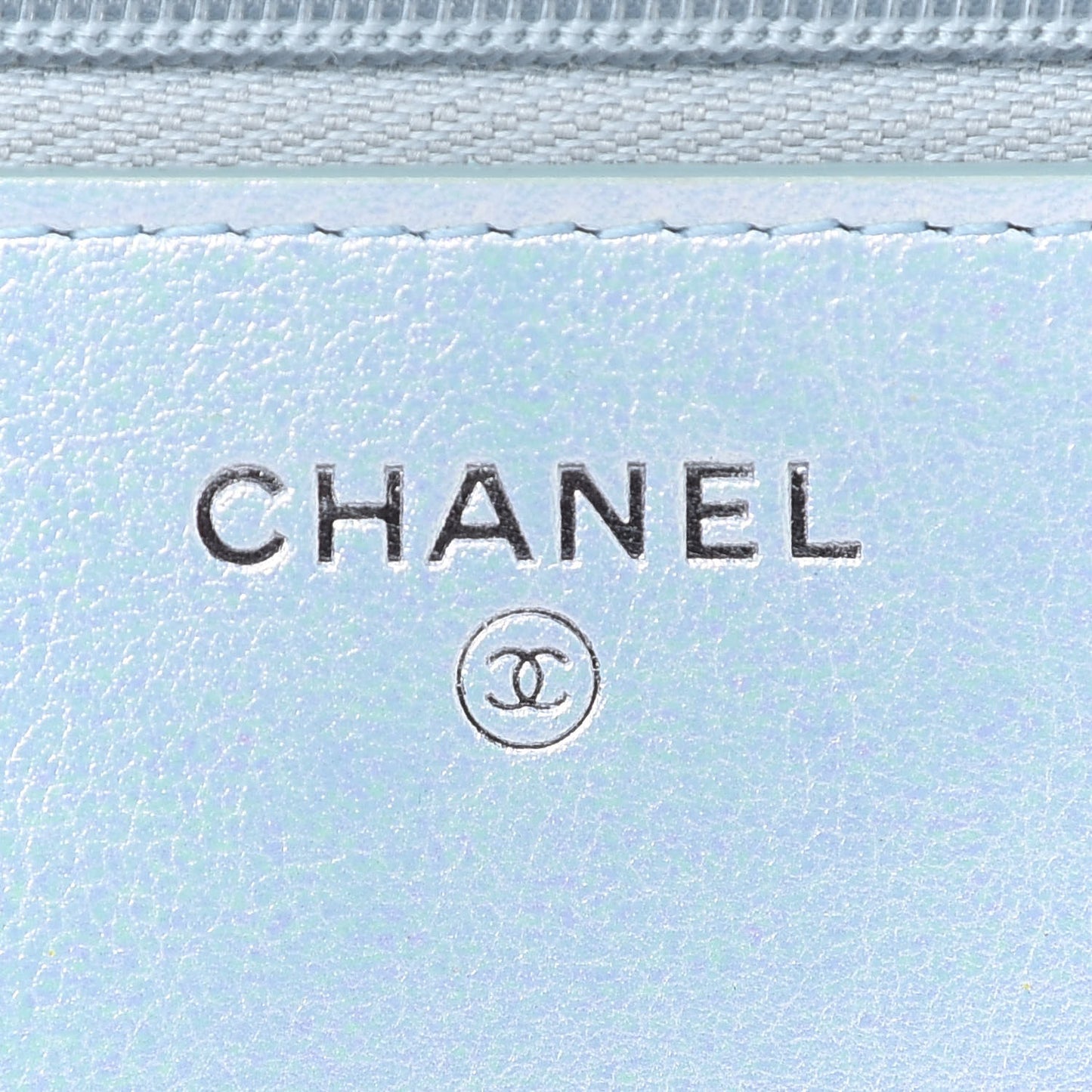 Iridescent Calfskin Quilted Wallet On Chain WOC Light Blue