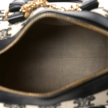 Celine Canvas Calfskin Triomphe Embroidered Boston Bag Black 5 of 9