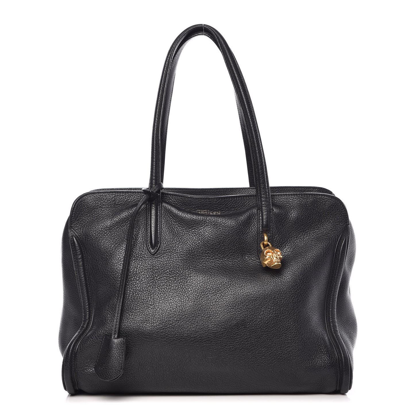 Pebbled Calfskin Large Skull Padlock Zip Around Tote Black