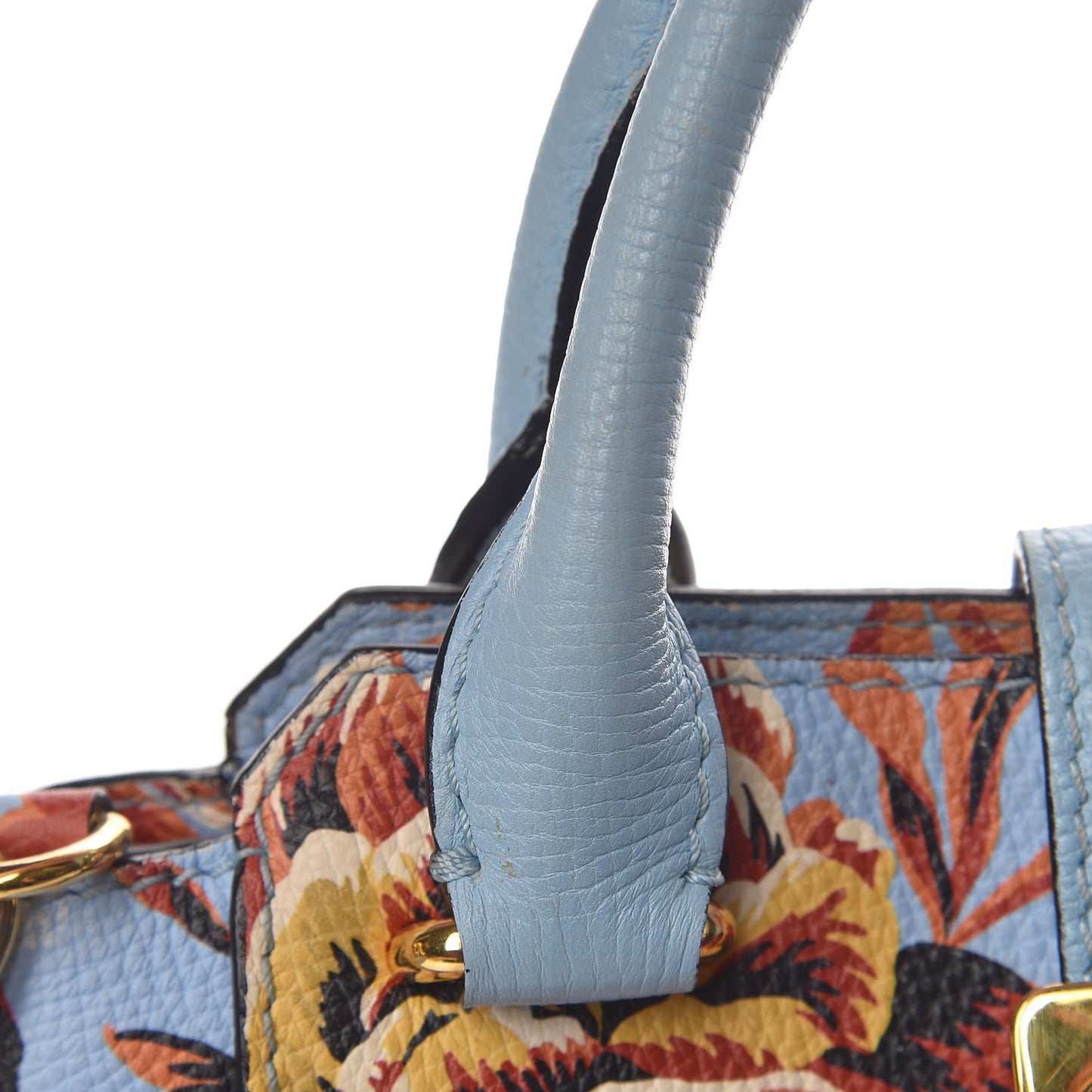 Soft Grain Calfskin Floral Print Small Buckle Tote Peony Rose Pale Blue Vibrant Orange