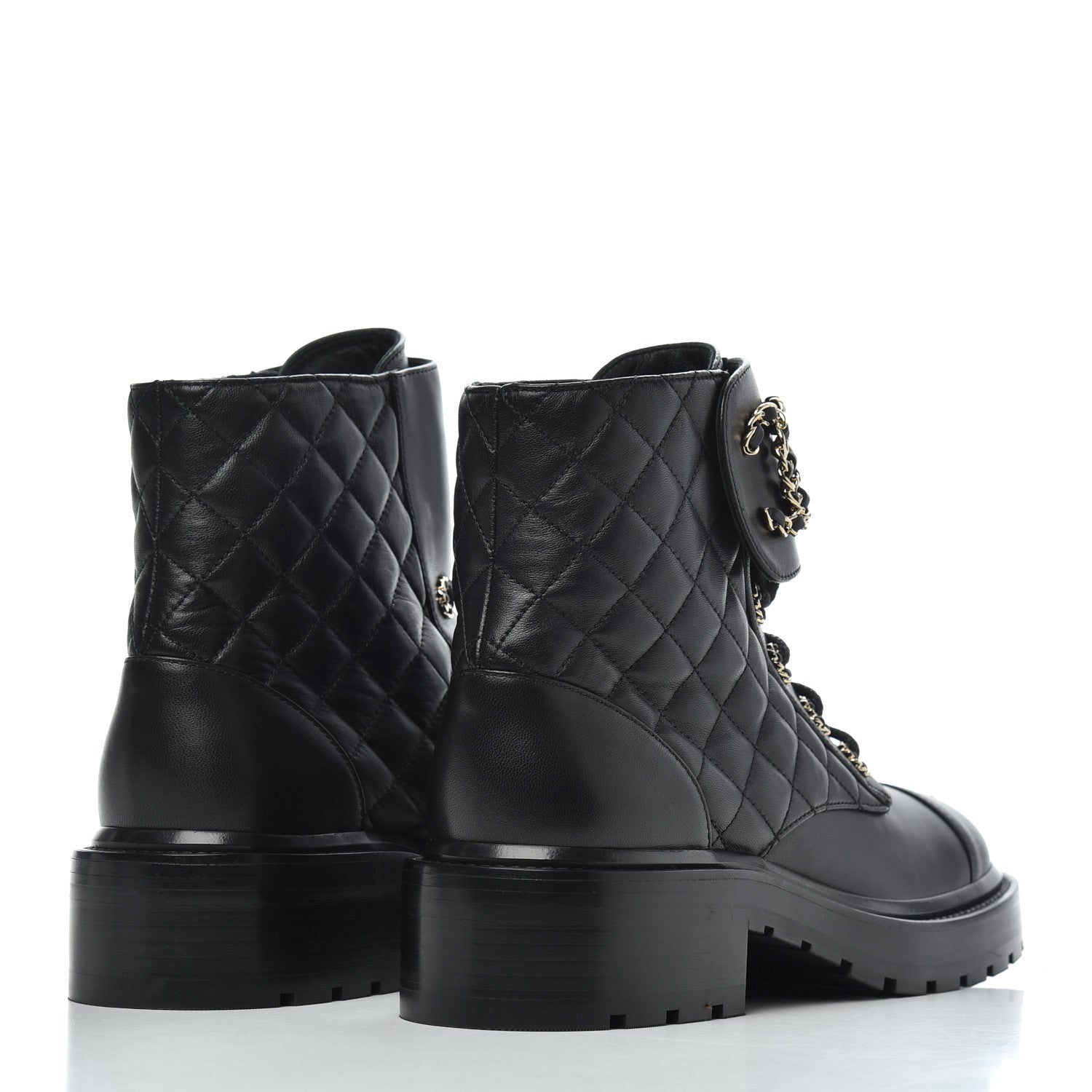 Chanel Shiny Lambskin Quilted Lace Up Combat Boots 37.5 Black 4 of 9