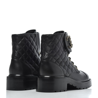 Chanel Shiny Lambskin Quilted Lace Up Combat Boots 37.5 Black 4 of 9
