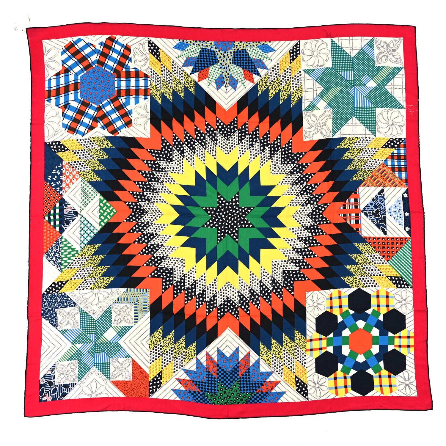 Hermes Cashmere Silk American Quilts Shawl 140 Fuchsia Black Multicolor 1 of 3