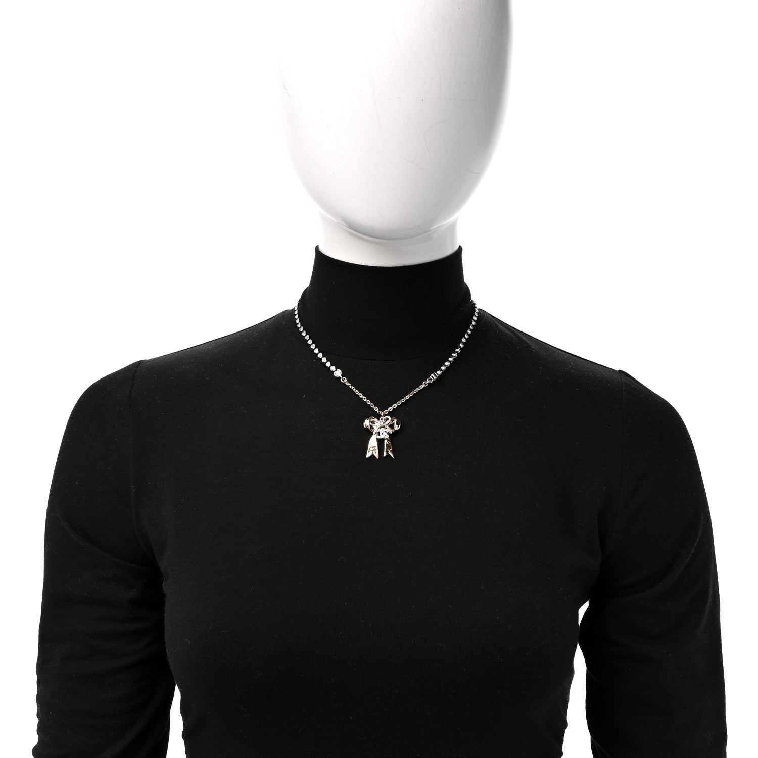 Chanel Crystal CC Bow Pendant Necklace Gold Silver 2 of 5