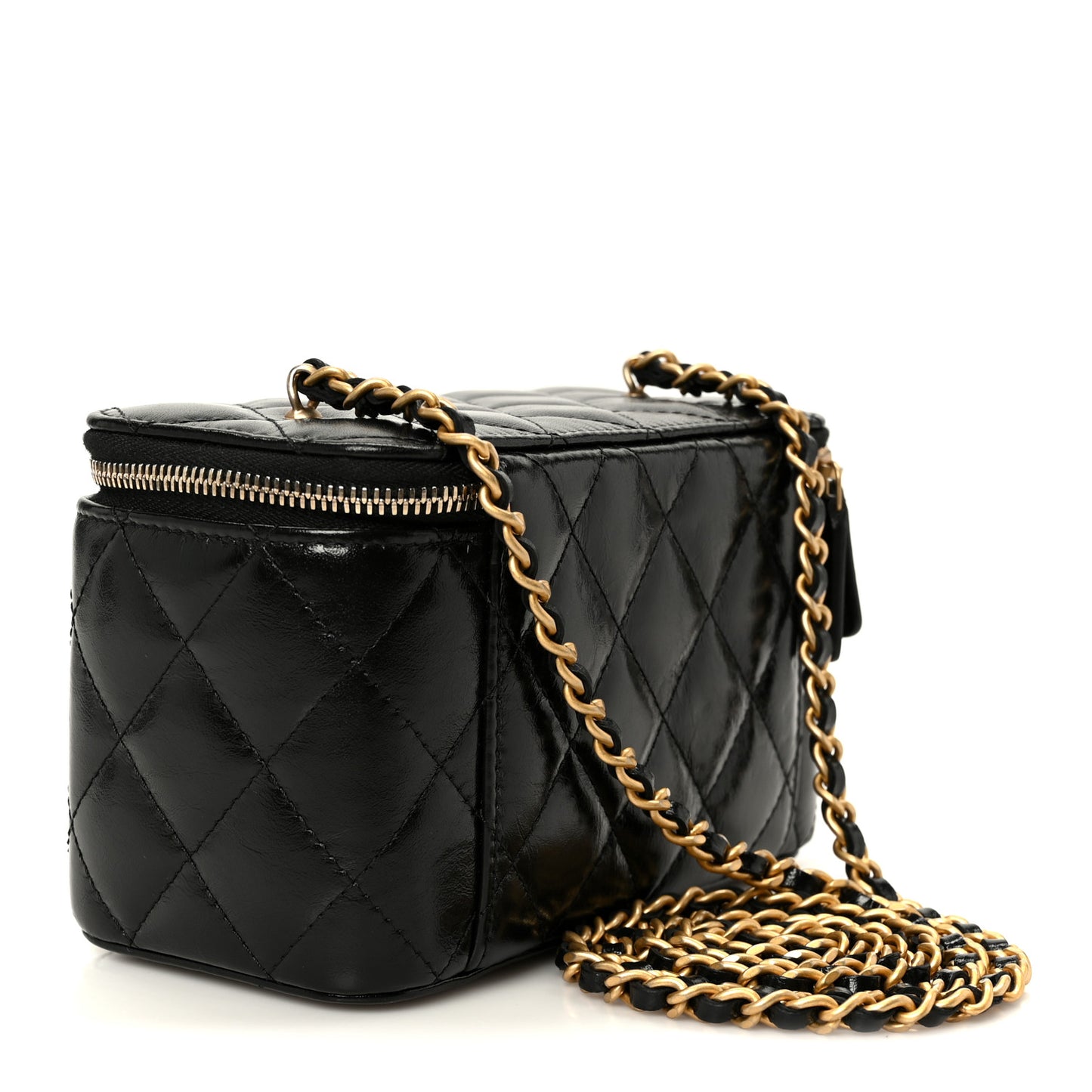 Shiny Lambskin Quilted CC Links Small Vanity Case With Chain Black