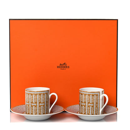Hermes Porcelain Mosaique Au 24 Gold Coffee Cup and Saucer Set of 2 8 of 8
