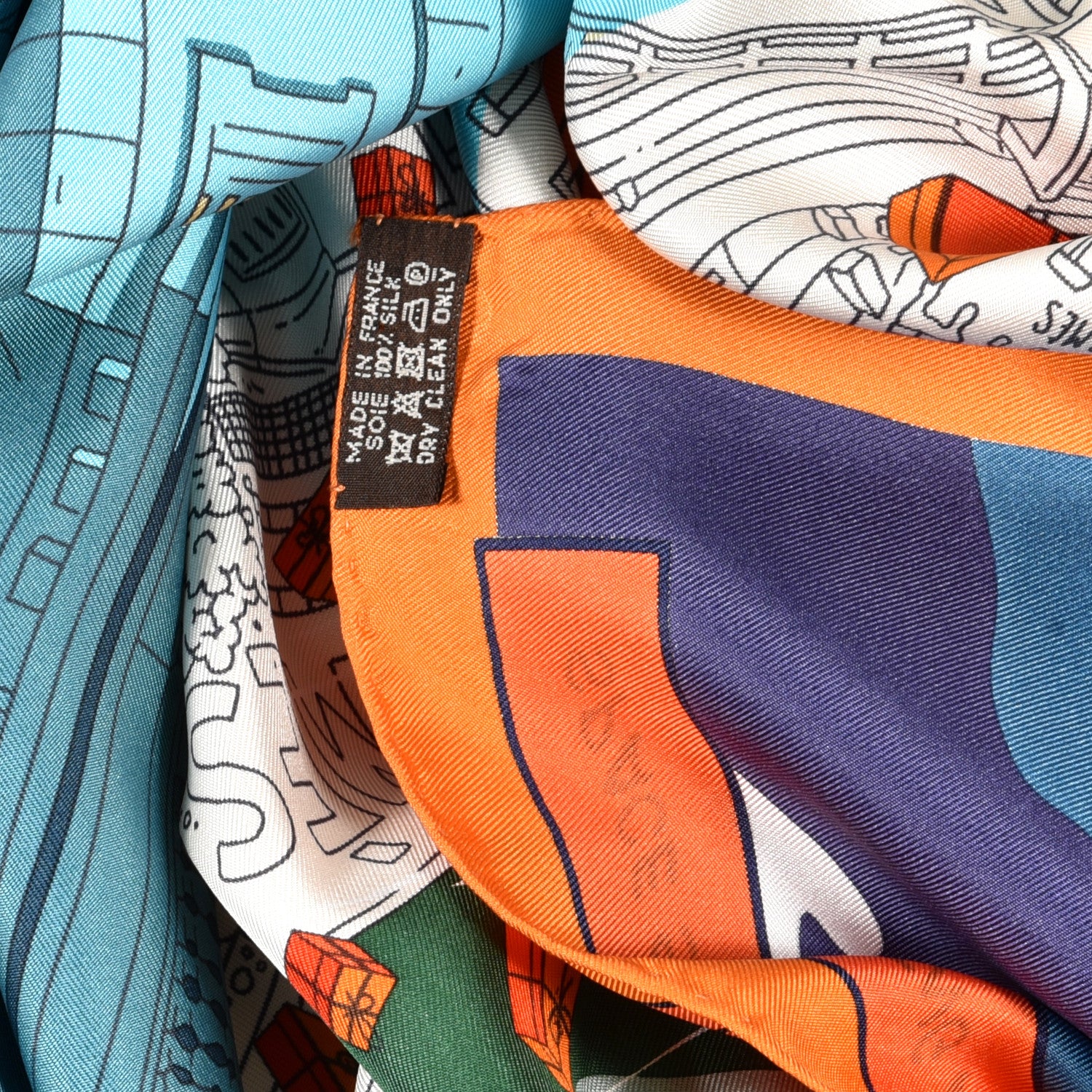 Hermes Silk Space Shopping Au Faubourg Pocket Square Scarf Bleu Orange Vert 3 of 3