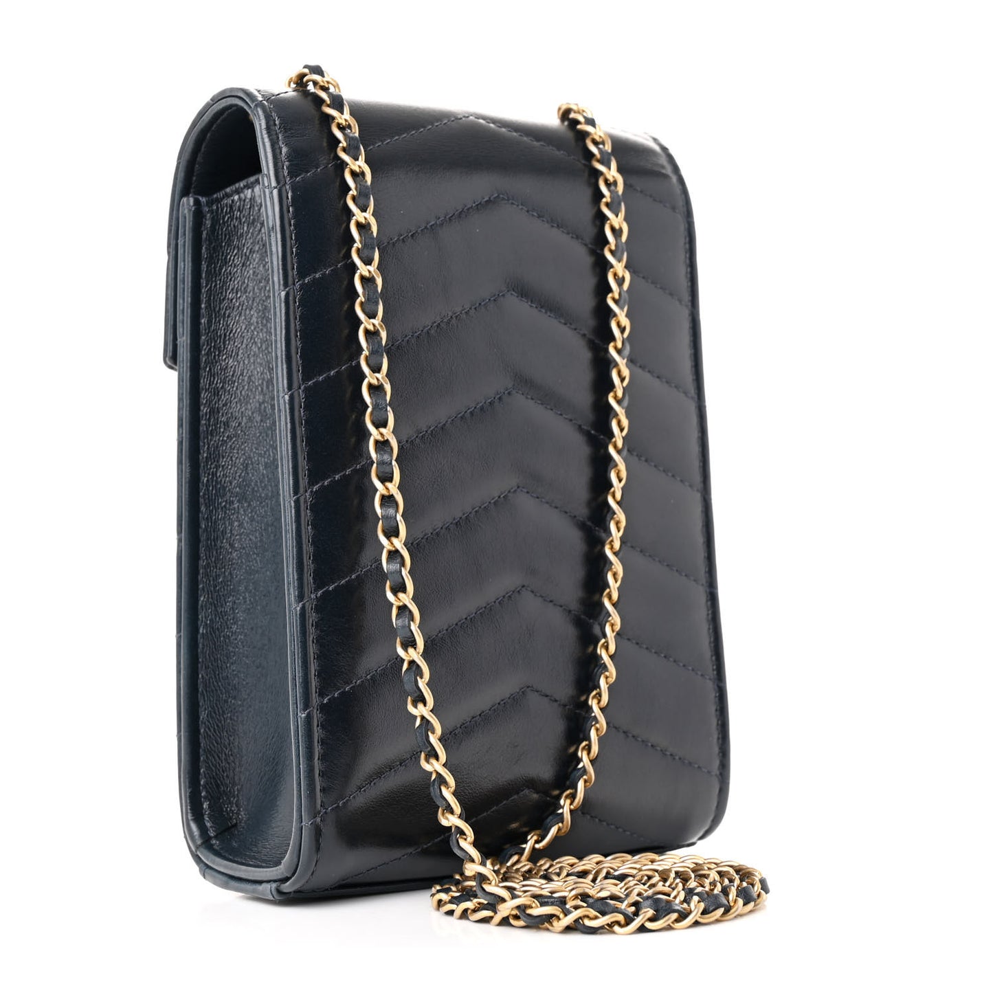 Calfskin Chevron Quilted Medal Mini Clutch With Chain Navy