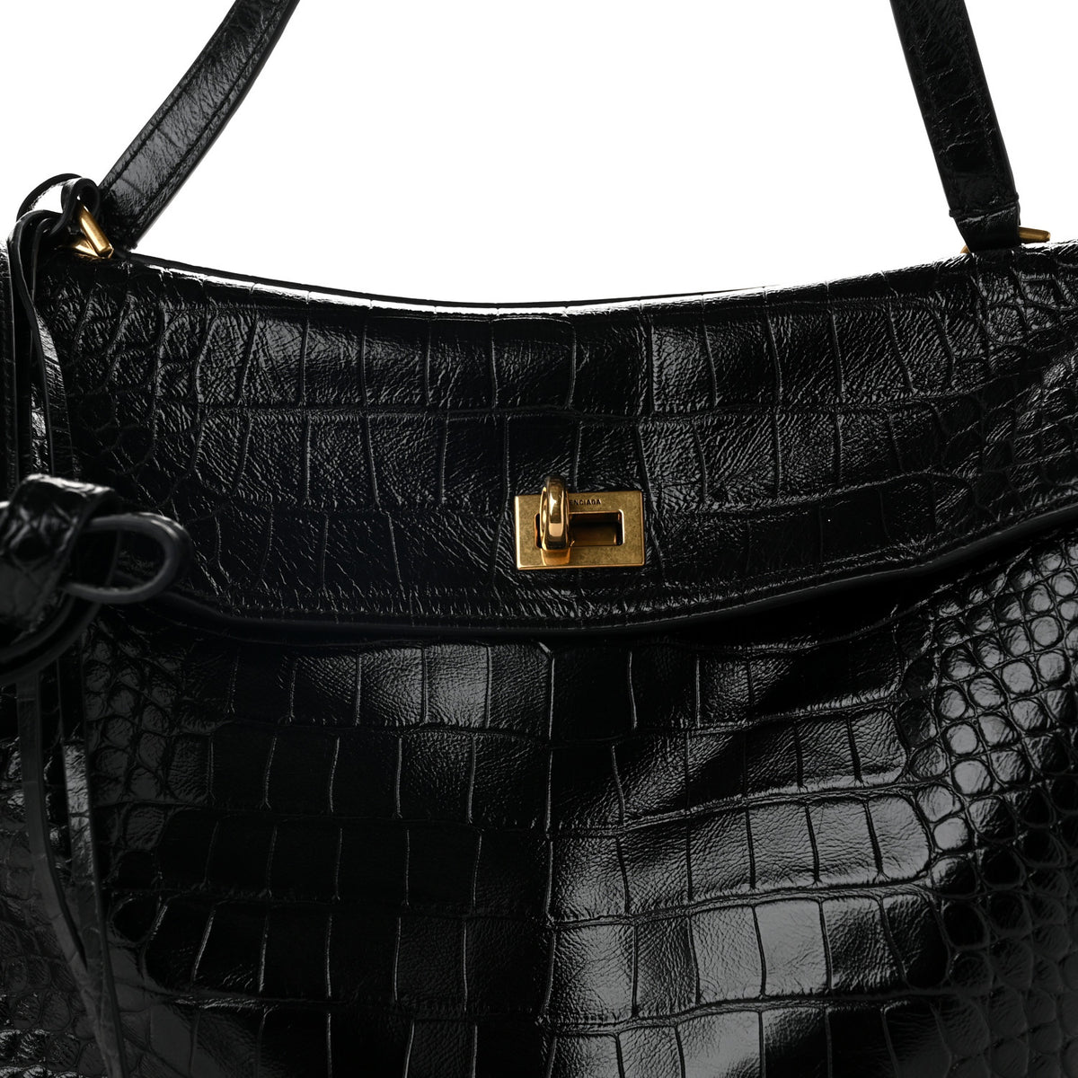 Shiny Calfskin Crocodile Embossed Medium Rodeo Top Handle Handbag Black