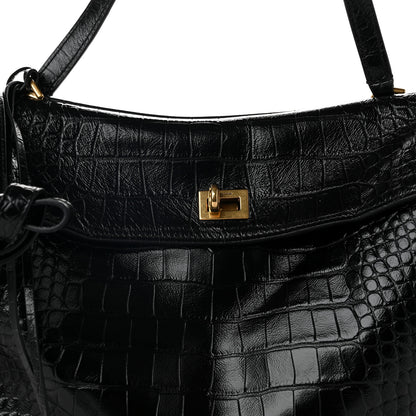 Balenciaga Shiny Calfskin Crocodile Embossed Medium Rodeo Top Handle Handbag Black 7 of 9