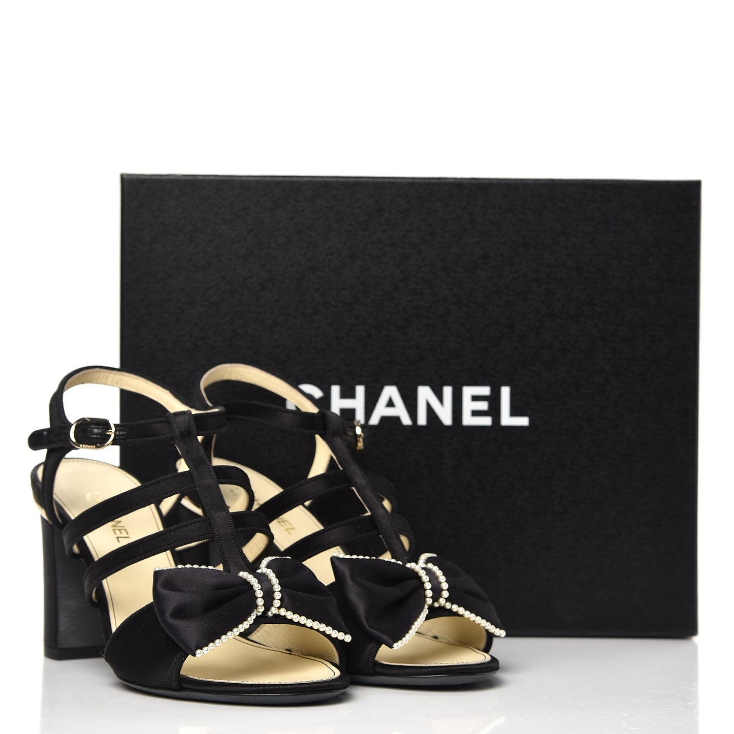 Satin Pearl Bow Sandals 37 Black