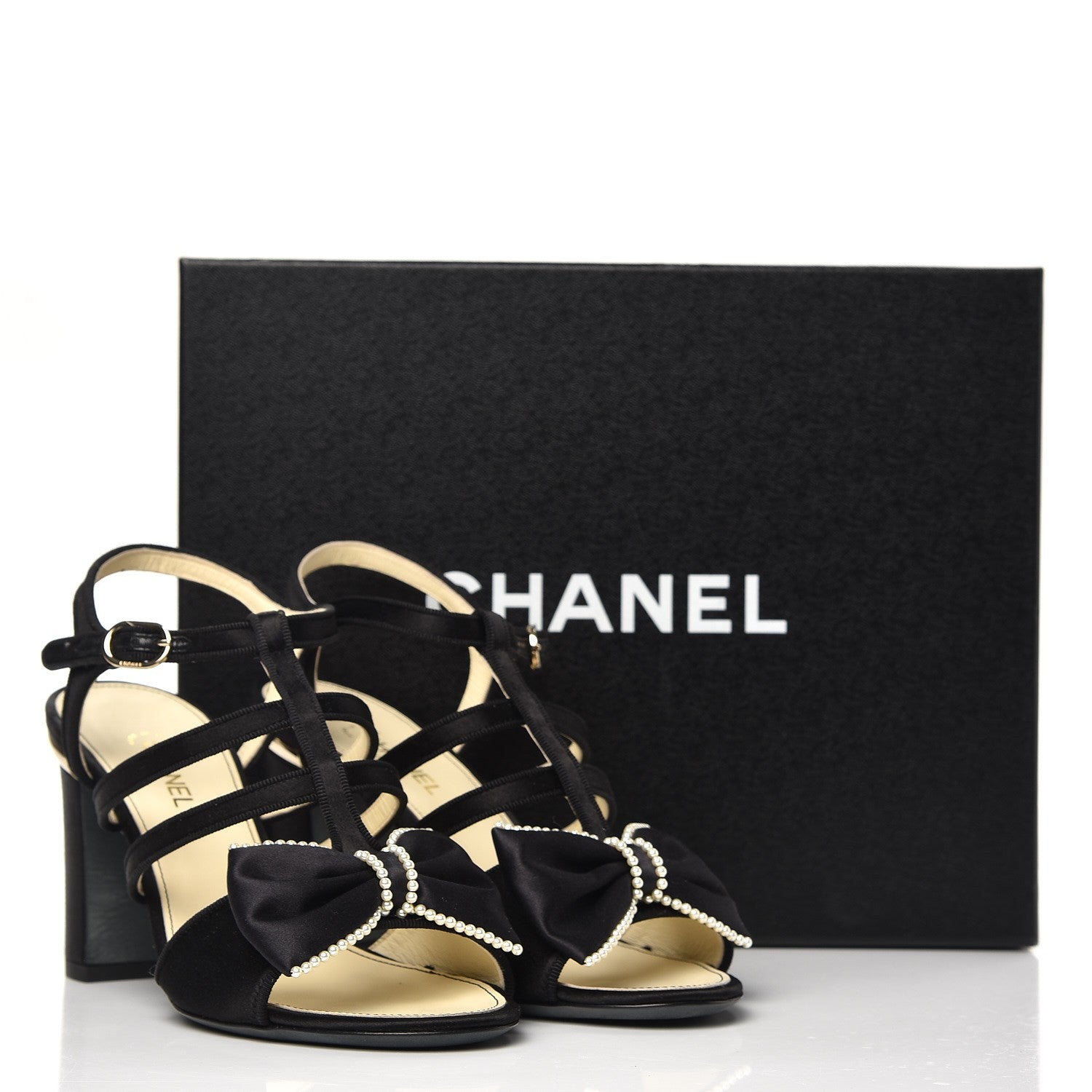 Chanel Satin Pearl Bow Sandals 37 Black 9 of 9