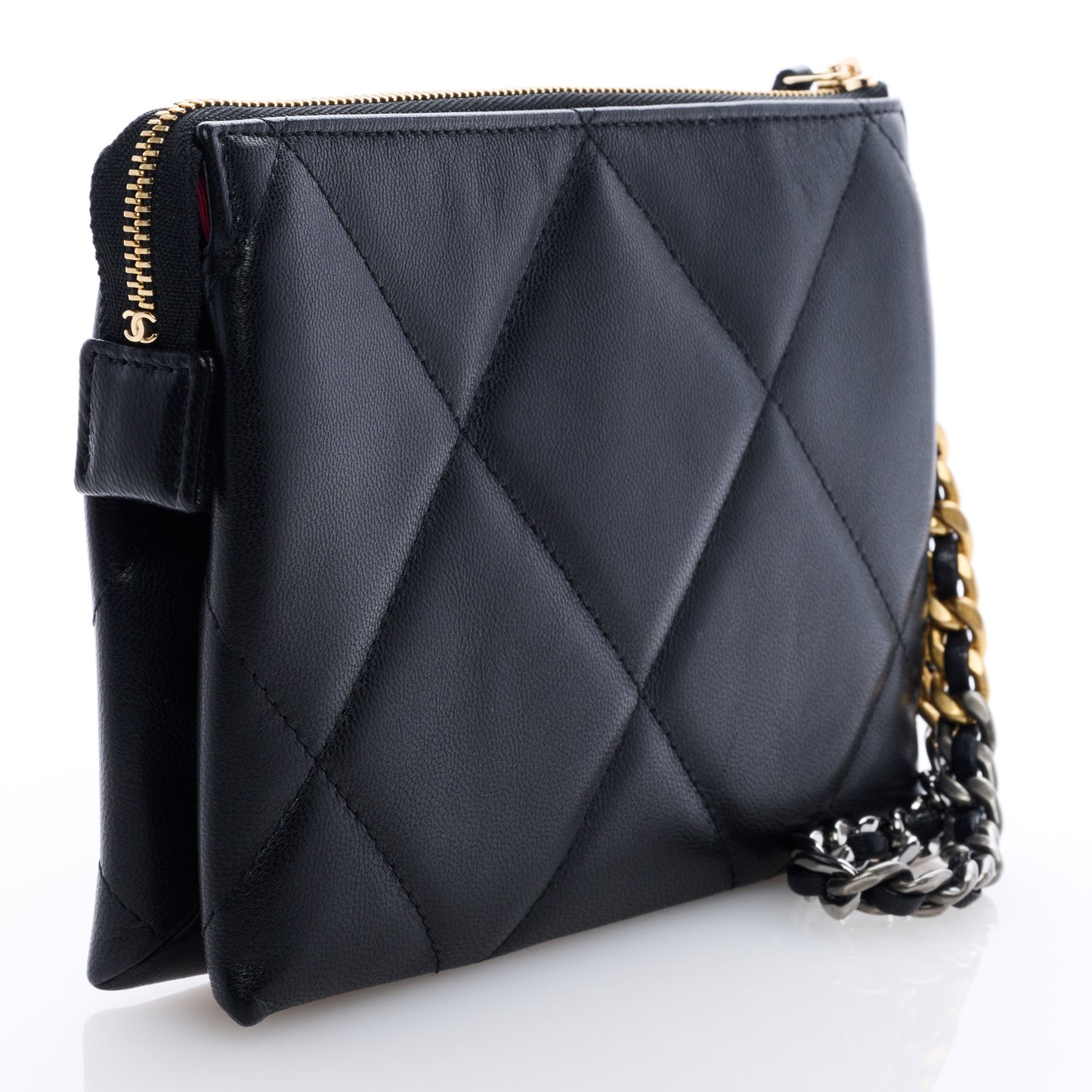 Shiny Goatskin Quilted Small Chanel 19 Pouch With Handle Black